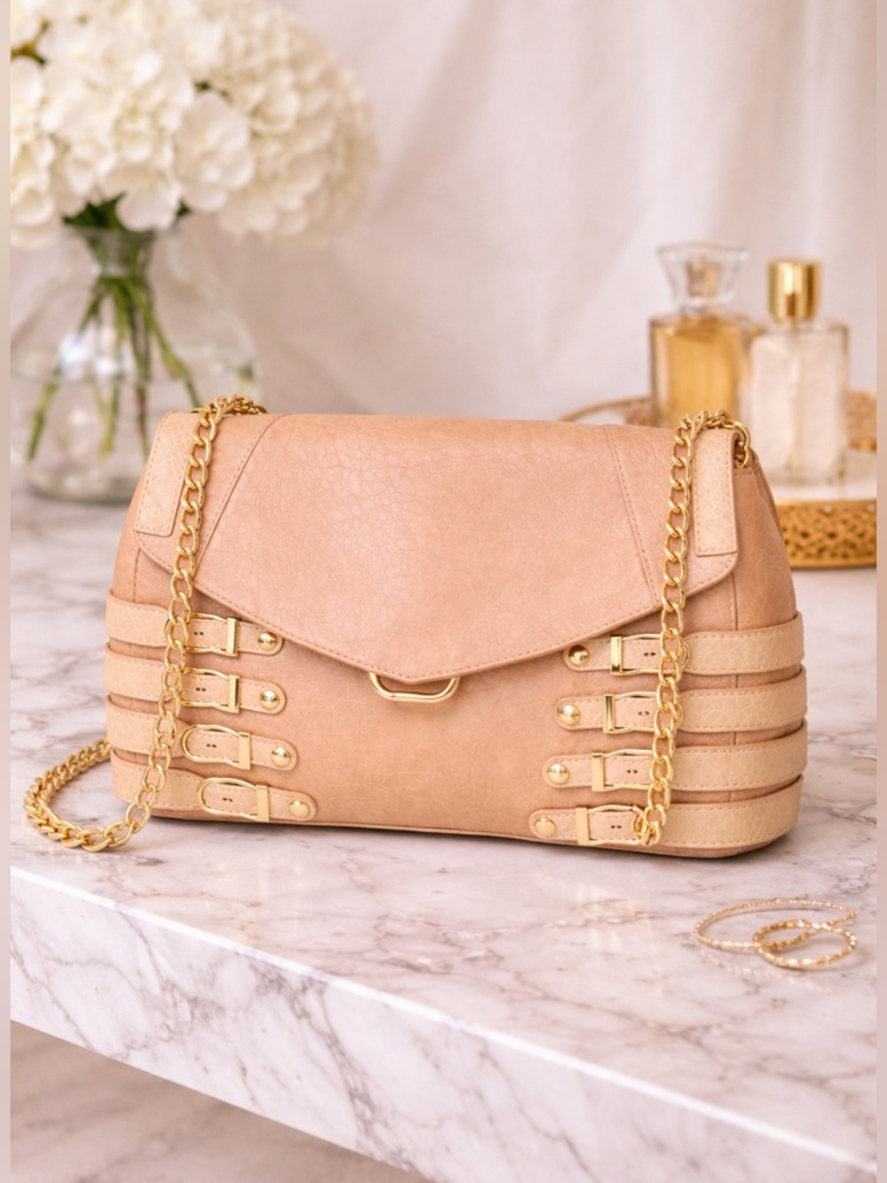 Jimmy Choo Tan Embossed Leather Shoulder Bag Gold Chain clutch